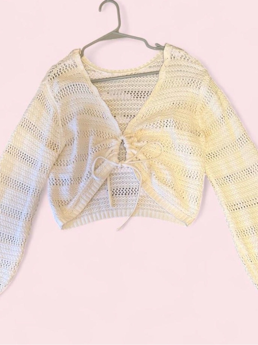 Open-Knit Tie-Front Crop Sweater in White